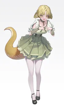 1girl adapted_costume arm_warmers black_shoes blonde_hair blush braid braided_hair_rings breasts chain collar collarbone fangs frilled_sleeves frills full_body green_ribbon green_skirt hair_rings hands_up index_fingers_together leaning_forward lizard_tail looking_at_viewer miniskirt mole mole_under_mouth open_mouth pantyhose petticoat pleated_skirt puff_and_slash_sleeves puffy_short_sleeves puffy_sleeves ribbon shoes short_sleeves simple_background skirt smile solo standing tail twin_braids white_background white_pantyhose xzu elden_ring rya__elden_ring