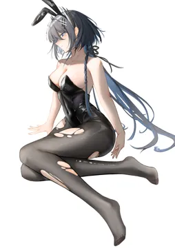 1girl animal_ear_hairband animal_ears arm_support bare_arms bare_shoulders black_hair black_hairband black_leotard black_pantyhose blue_eyes blue_hair blush breasts cleavage closed_mouth collarbone covered_navel ear_piercing embarrassed fake_animal_ears full_body grey_hair hairband leotard long_hair medium_breasts mole mole_under_eye multicolored_hair pantyhose piercing playboy_bunny profile rabbit_ear_hairband rabbit_ears simple_background sitting solo strapless strapless_leotard torn_clothes torn_pantyhose very_long_hair white_background mu_aii arknights cantabile__arknights
