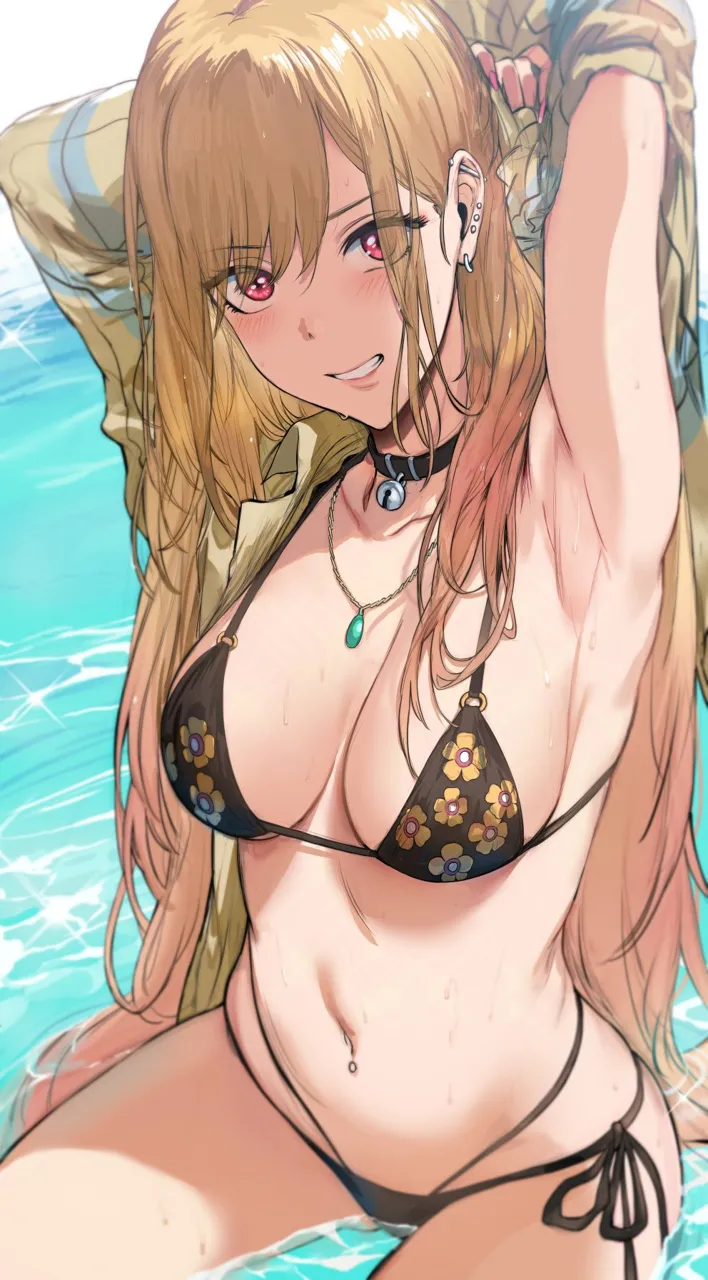 1girl armpits arms_up bell bikini black_bikini black_choker blonde_hair breasts choker cleavage collarbone collared_shirt ear_piercing floral_print grin halterneck hews jewelry jingle_bell kitagawa_marin large_breasts long_hair long_sleeves looking_at_viewer navel navel_piercing neck_bell necklace outdoors parted_lips piercing print_bikini red_eyes shirt side_tie_bikini_bottom smile solo sono_bisque_doll_wa_koi_wo_suru string_bikini swimsuit teeth very_long_hair water white_shirt yellow_shirt