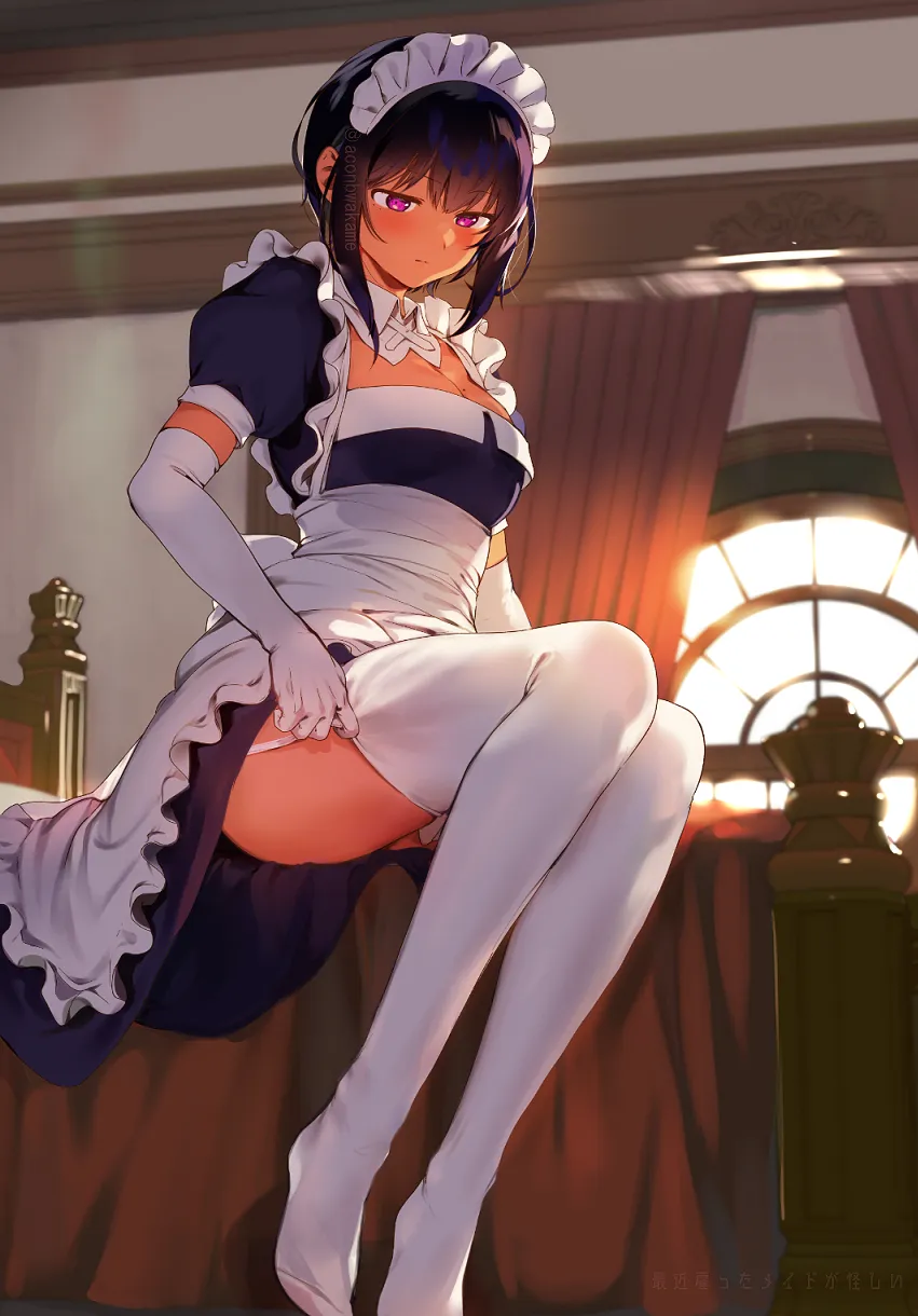 1girl black_hair breasts cleavage closed_mouth dark_skin dark_skinned_female elbow_gloves garter_straps gloves indoors konbu_wakame large_breasts legs light_particles lilith__saikin_yatotta_maid_ga_ayashii looking_away maid maid_headdress mole mole_on_breast mole_under_eye no_shoes puffy_short_sleeves puffy_sleeves purple_eyes saikin_yatotta_maid_ga_ayashii short_hair short_sleeves sitting solo thighhighs thighs twitter_username watermark white_gloves white_thighhighs