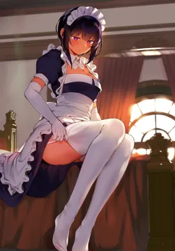 1girl black_hair breasts cleavage closed_mouth dark_skin dark_skinned_female elbow_gloves garter_straps gloves indoors konbu_wakame large_breasts legs light_particles lilith__saikin_yatotta_maid_ga_ayashii looking_away maid maid_headdress mole mole_on_breast mole_under_eye no_shoes puffy_short_sleeves puffy_sleeves purple_eyes saikin_yatotta_maid_ga_ayashii short_hair short_sleeves sitting solo thighhighs thighs twitter_username watermark white_gloves white_thighhighs