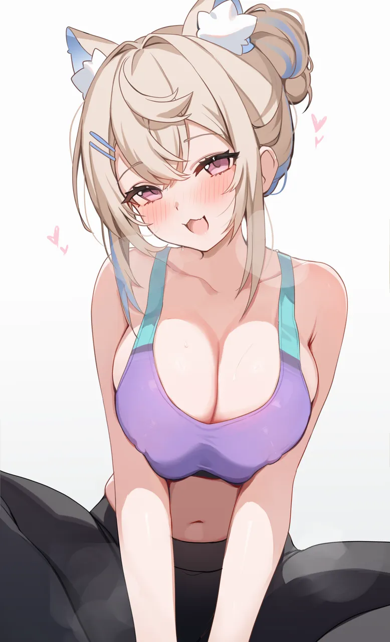 _3 1girl alternate_costume alternate_hairstyle animal_ear_fluff animal_ears bare_shoulders black_pants blonde_hair blue_hair blush breasts breasts_squeezed_together breath cleavage collarbone covered_nipples crossed_bangs dog_ears dog_girl double_parted_bangs extra_ears fuwawa_abyssgard hair_between_eyes hair_bun heart hololive hololive_english koahri large_breasts looking_at_viewer midriff multicolored_hair navel open_mouth pants pink_eyes purple_sports_bra short_hair simple_background single_hair_bun sitting smile solo sports_bra streaked_hair tail virtual_youtuber white_background yoga_pants