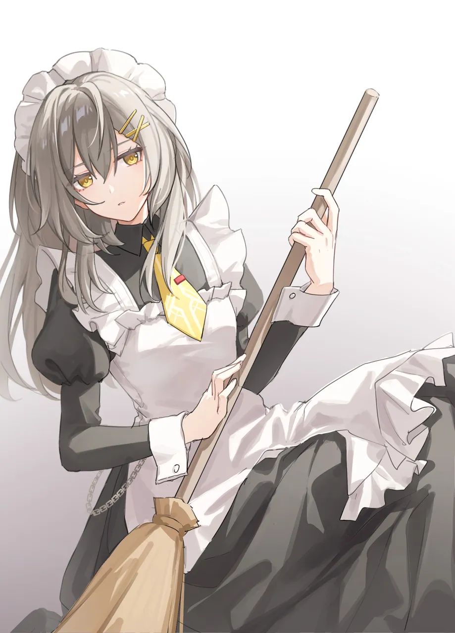 1girl alternate_costume apron black_dress broom dress enmaided frilled_apron frills grey_hair hair_between_eyes juliet_sleeves long_sleeves maid maid_apron maid_headdress medium_hair puffy_sleeves waist_apron white_apron wrist_cuffs yellow_eyes yukiri__l_ii honkai__star_rail honkai__series stelle__honkai__star_rail trailblazer__honkai__star_rail