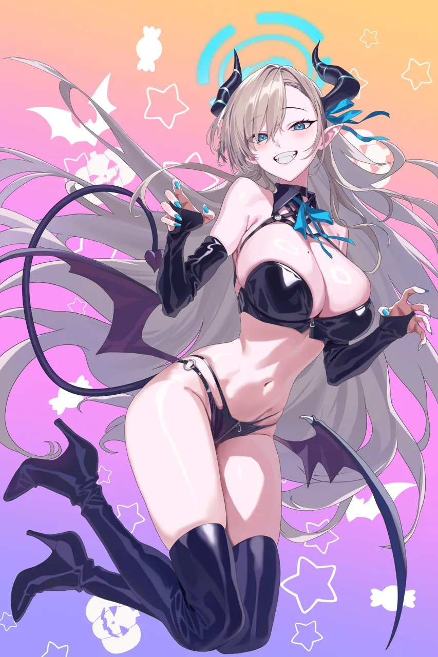 1girl alternate_costume asuna__blue_archive asymmetrical_bangs bare_shoulders bat_background black_boots black_bra black_choker black_panties blonde_hair blue_archive blue_eyes blue_halo blue_nails blue_ribbon blush boots bra breasts choker claw_pose demon_girl demon_horns demon_tail demon_wings detached_collar fangs fingernails full_body gradient_background grin halloween halo hidis0086 horns large_breasts long_fingernails long_hair looking_at_viewer mole mole_on_breast nail_polish navel panties pointy_ears pumpkin ribbon shiny_clothes shiny_skin smile solo star__symbol star_symbol_background stomach tail teeth thigh_boots thighs underwear very_long_hair wings