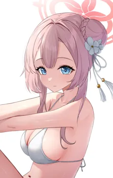 1girl bikini blue_eyes braid braided_bun breasts collarbone hair_between_eyes hair_bun hair_ornament knees_up long_hair looking_at_viewer looking_to_the_side official_alternate_costume official_alternate_hairstyle pink_hair short_sleeves sidelocks simple_background sitting solo spaghetti_strap swimsuit white_background white_bikini nasol blue_archive mimori__blue_archive mimori__swimsuit__blue_archive