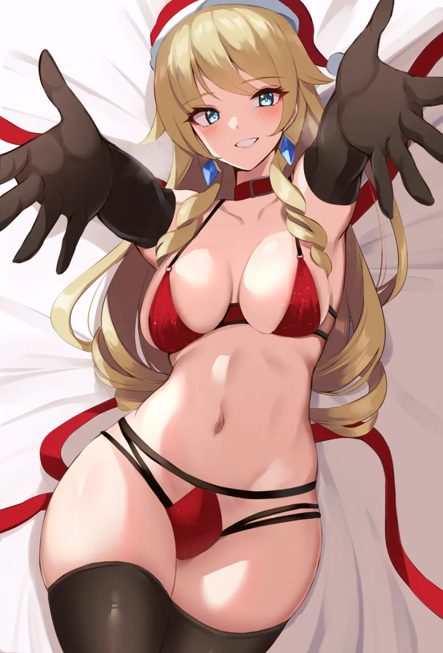1girl alternate_costume bed_sheet bikini black_gloves black_thighhighs blonde_hair blue_eyes breasts breasts_apart carry_me christmas crystal_earrings drill_hair drill_sidelocks earrings elbow_gloves floating_earring foreshortening from_above fur_trim fur_trimmed_headwear genshin_impact gloves haneramu hat jewelry large_breasts long_hair looking_at_viewer lying multi_strapped_bikini_bottom navel navia__genshin_impact on_back open_hands outstretched_arms reaching reaching_towards_viewer red_bikini red_hat red_ribbon ribbon santa_bikini santa_costume santa_hat sideboob sidelocks smile solo sparkling_eyes stomach swimsuit thighhighs