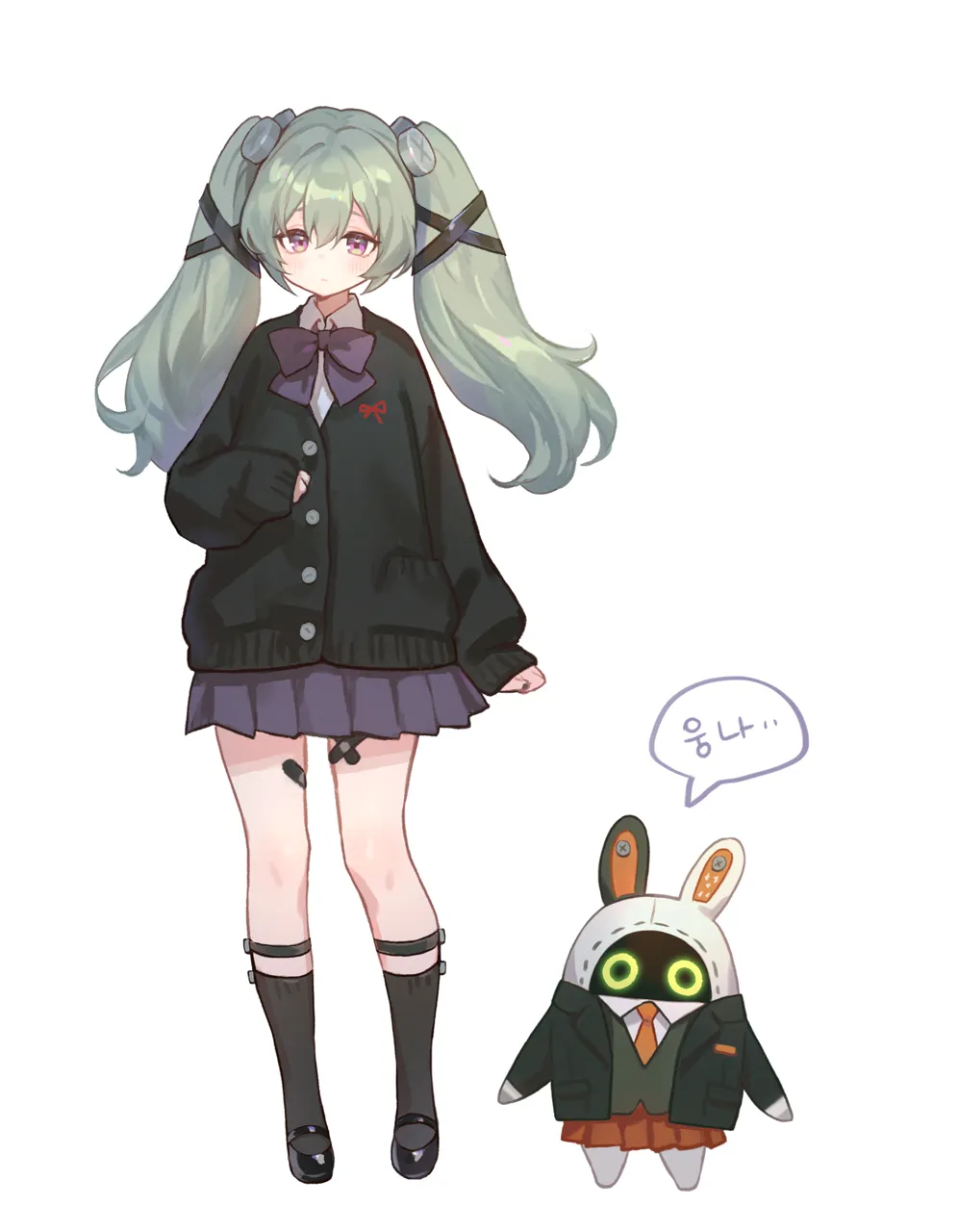 1girl bandaid bandaid_on_leg bangboo__zenless_zone_zero black_cardigan black_socks bow cardigan feet_out_of_frame full_body green_hair grey_skirt hair_between_eyes korean_text long_hair long_sleeves looking_at_viewer miniskirt official_alternate_costume purple_bow purple_eyes ribbon school_uniform skirt sleeves_past_wrists socks speech_bubble standing twintails white_background adelie_cat zenless_zone_zero corin_wickes__zenless_zone_zero eous__zenless_zone_zero