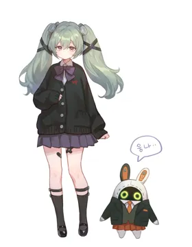 1girl bandaid bandaid_on_leg bangboo__zenless_zone_zero black_cardigan black_socks bow cardigan feet_out_of_frame full_body green_hair grey_skirt hair_between_eyes korean_text long_hair long_sleeves looking_at_viewer miniskirt official_alternate_costume purple_bow purple_eyes ribbon school_uniform skirt sleeves_past_wrists socks speech_bubble standing twintails white_background adelie_cat zenless_zone_zero corin_wickes__zenless_zone_zero eous__zenless_zone_zero