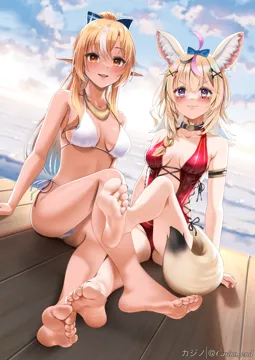 2girls ahoge animal_ear_fluff animal_ears arm_strap arm_support armpit_crease barefoot bikini black_collar black_hair blonde_hair blue_bow bow breasts breasts_apart casino__casinoep club_hair_ornament collar diamond_hair_ornament dutch_angle elf feet foot_focus foot_up foreshortening fox_ears fox_girl fox_tail full_body hair_ornament halterneck heart heart_hair_ornament heart_shaped_pupils hololive knee_up legs long_hair looking_at_viewer medium_breasts multicolored_hair multiple_girls nail_polish omaru_polka one_piece_swimsuit outdoors pink_hair pink_nails pointy_ears ponytail presenting_foot purple_eyes red_eyes red_one_piece_swimsuit shiranui_flare side_tie_bikini_bottom sideboob sitting soles spade_hair_ornament streaked_hair string_bikini swimsuit symbol_shaped_pupils tail thighs toenail_polish toenails toes twitter_username v_shaped_eyebrows virtual_youtuber white_bikini white_hair wooden_floor x_hair_ornament