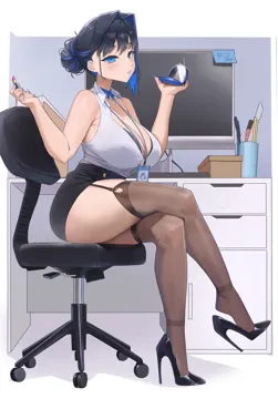 1girl alternate_costume alternate_hairstyle applying_lipstick applying_makeup archinoer bare_shoulders black_bra black_footwear black_skirt blue_choker blue_eyes blue_hair blue_nails bow bow_earrings box bra bra_visible_through_clothes breasts chair choker cleavage collared_shirt compact__cosmetics computer_keyboard cosmetics crossed_legs cubicle desk drawer earrings garter_straps hair_bun hair_intakes hand_mirror high_heels holding holding_mirror hololive hololive_english id_card jewelry lanyard large_breasts lipstick_tube looking_at_viewer miniskirt mirror monitor multicolored_hair office_chair office_lady ouro_kronii pen pen_holder polished_shoes shirt shoe_dangle sitting skirt sleeveless sleeveless_shirt solo sticky_note streaked_hair swivel_chair thighhighs underwear virtual_youtuber white_shirt