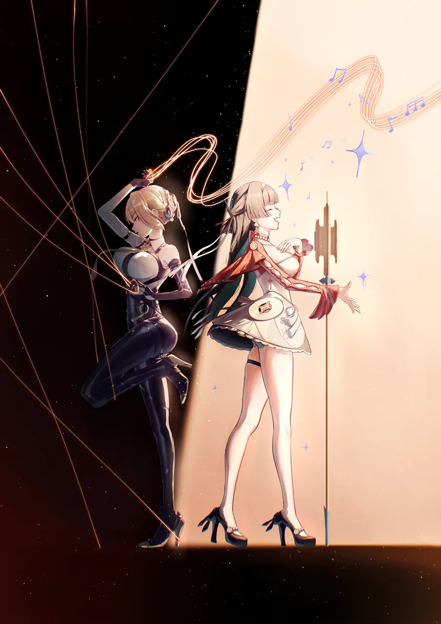2girls black_gloves black_hair black_pants black_shoes blonde_hair breasts chest_harness closed_eyes dress earrings elbow_gloves foot_up full_body gloves hairband harness high_waist_pants high_heels jacket jewelry long_hair long_sleeves looking_ahead microphone multiple_girls music musical_note musical_staff necktie open_mouth pants purple_eyes red_jacket shirt shoes singing single_elbow_glove smile standing standing_on_one_leg string white_dress white_hairband white_shirt yellow_necktie fuli__narumiyafuri zenless_zone_zero astra_yao__zenless_zone_zero evelyn_chevalier__zenless_zone_zero