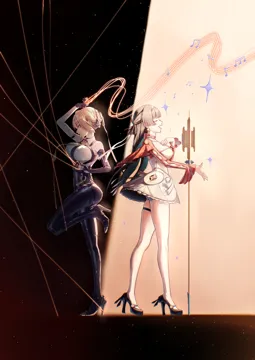 2girls black_gloves black_hair black_pants black_shoes blonde_hair breasts chest_harness closed_eyes dress earrings elbow_gloves foot_up full_body gloves hairband harness high_waist_pants high_heels jacket jewelry long_hair long_sleeves looking_ahead microphone multiple_girls music musical_note musical_staff necktie open_mouth pants purple_eyes red_jacket shirt shoes singing single_elbow_glove smile standing standing_on_one_leg string white_dress white_hairband white_shirt yellow_necktie fuli__narumiyafuri zenless_zone_zero astra_yao__zenless_zone_zero evelyn_chevalier__zenless_zone_zero
