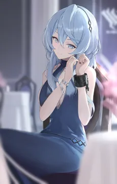 1girl blue_dress blue_eyes blue_hair blue_halo blush breasts chair closed_mouth cuffs dress earrings fingernails hair_between_eyes hairband halo handcuffs jewelry large_breasts long_hair nail_polish official_alternate_costume purple_nails sitting sleeveless sleeveless_dress smile solo table jiang_zhuti_jiojio blue_archive ako__blue_archive ako__dress__blue_archive