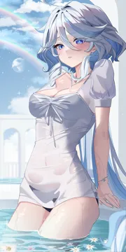 1girl ahoge alternate_costume aqua74286 aqueduct arch arms_behind_back bikini bikini_under_clothes blue_eyes blue_hair blue_sky blush bracelet breasts chain chain_bikini chain_necklace cowlick dress drop_shaped_pupils earrings flower_on_liquid full_moon furina__genshin_impact genshin_impact hair_between_eyes heterochromia jewelry long_hair long_sleeves looking_at_viewer microdress moon moon_in_daylight necklace pool puffy_short_sleeves puffy_sleeves rainbow short_sleeves single_earring sky solo sparkle square_neckline swimsuit symbol_shaped_pupils very_long_hair wading wet wet_clothes wet_dress white_dress
