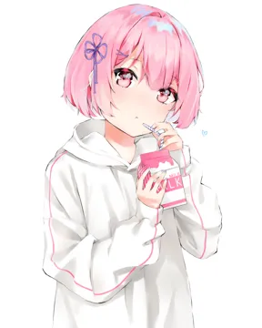 1girl alternate_costume blush drink drinking_straw hair_between_eyes hair_ornament hair_ribbon heart holding holding_drink holding_drinking_straw holding_milk_carton hood hood_down hooded_sweater long_sleeves looking_at_viewer milk_carton pink_eyes pink_hair pout purple_ribbon ribbon short_hair simple_background sleeves_past_wrists solo sweater white_background white_sweater x_hair_ornament nakony re_zero ram__re_zero