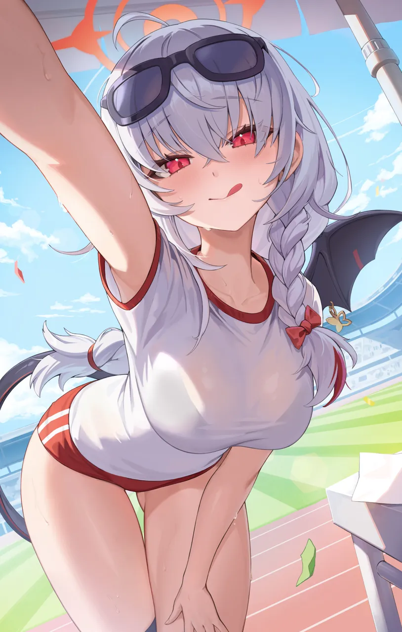 1girl ahoge arm_up ass_visible_through_thighs black_framed_eyewear black_tail black_wings blue_archive blue_sky blush bra_visible_through_clothes braid breasts buruma cloud cowboy_shot day dkxlek eyewear_on_head fake_wings grey_hair gym_shirt gym_uniform hair_between_eyes halo haruna__blue_archive haruna__track__blue_archive large_breasts leaning_forward long_hair looking_at_viewer official_alternate_costume outdoors red_buruma red_eyes red_halo see_through_clothes see_through_shirt shirt short_sleeves single_wing sky smile solo standing sunglasses tail tongue tongue_out white_shirt wings