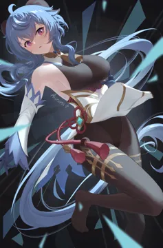 1girl ahoge artist_name bare_shoulders bell black_leotard black_pantyhose blue_hair bodystocking breasts chinese_knot clothes_lift detached_sleeves gold_trim groin horns jewelry leotard leotard_peek leotard_under_clothes long_hair looking_at_viewer low_ponytail medium_breasts neck_bell no_shoes open_mouth pantyhose pelvic_curtain pelvic_curtain_lift ponytail purple_eyes sideboob sidelocks solo tassel thighlet thighs upskirt vision__genshin_impact waist_cape white_sleeves wind wind_lift hnbsgy genshin_impact ganyu__genshin_impact
