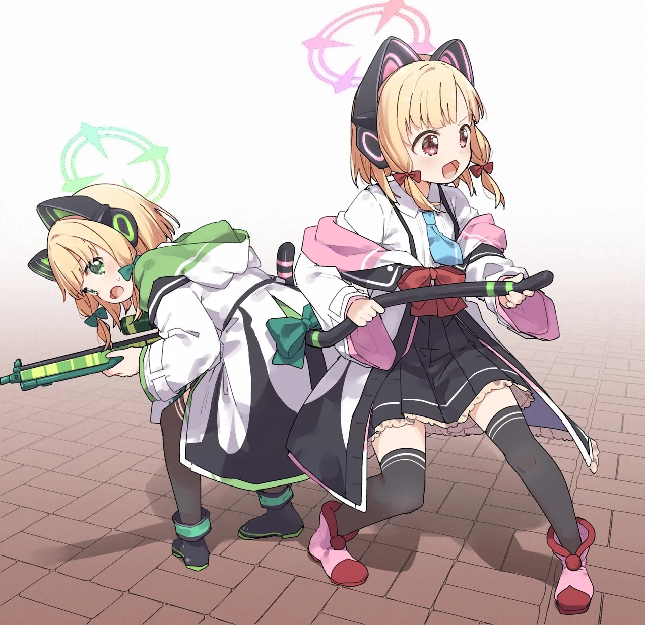 2girls animal_ears animal_hood bangs black_legwear black_skirt blonde_hair boots bow brick_wall cat_ear_headphones cat_ears earmuffs fake_animal_ears green_eyes headphones headphones_around_neck headset holding hood hood_down hooded_jacket jacket long_hair multiple_girls open_clothes open_jacket open_mouth pleated_skirt robot_ears shoes short_hair skirt smile thighhighs white_footwear white_jacket blue_archive midori__blue_archive momoi__blue_archive saiba_twins__blue_archive