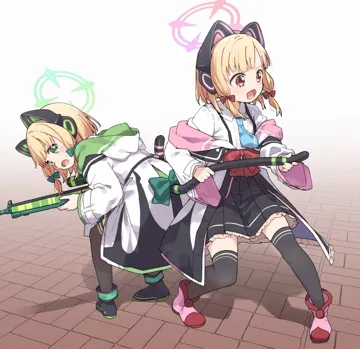 2girls animal_ears animal_hood bangs black_legwear black_skirt blonde_hair boots bow brick_wall cat_ear_headphones cat_ears earmuffs fake_animal_ears green_eyes headphones headphones_around_neck headset holding hood hood_down hooded_jacket jacket long_hair multiple_girls open_clothes open_jacket open_mouth pleated_skirt robot_ears shoes short_hair skirt smile thighhighs white_footwear white_jacket blue_archive midori__blue_archive momoi__blue_archive saiba_twins__blue_archive
