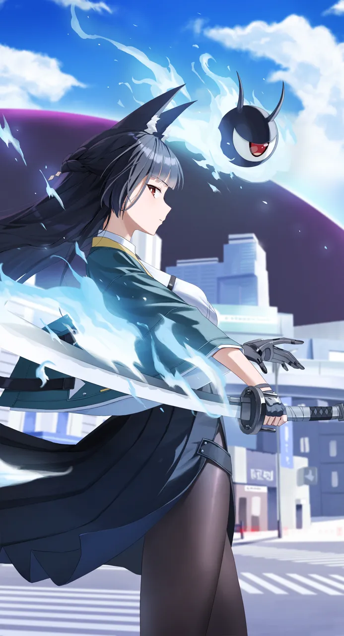 1girl animal_ear_fluff animal_ears black_gloves black_hair black_skirt blue_sky blunt_bangs closed_mouth cloud cowboy_shot dress_shirt fingerless_gloves fox_ears fox_girl from_side gauntlets gloves green_jacket high_waist_skirt holding holding_sword holding_weapon hollow__zenless_zone_zero jacket katana long_hair looking_at_viewer outdoors pantyhose shirt sidelocks single_fingerless_glove skirt sky solo standing sword weapon white_shirt nasol zenless_zone_zero hoshimi_miyabi__zenless_zone_zero tailless__zenless_zone_zero