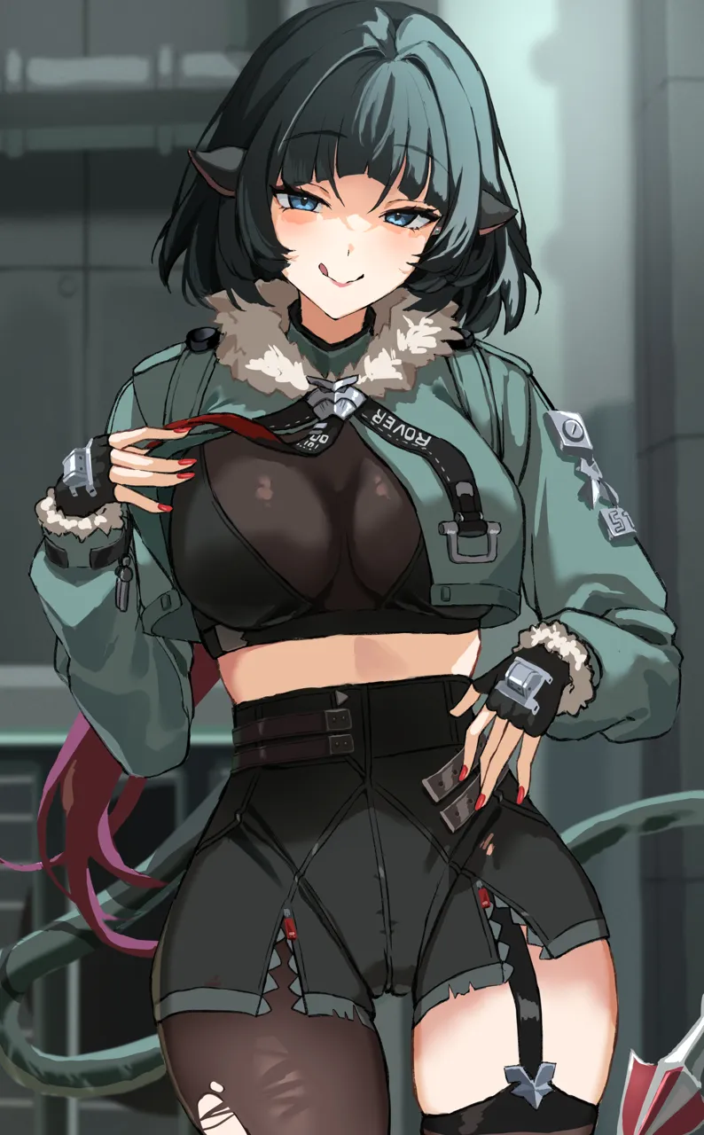 1girl animal_ears belt black_gloves black_hair black_shirt black_shorts blue_eyes breasts brown_pantyhose fingerless_gloves fur_trimmed_jacket fur_trim gloves green_jacket high_waist_shorts jacket large_breasts long_hair long_sleeves looking_at_viewer mouse_ears mouse_girl mouse_tail necktie pantyhose shirt shorts single_leg_pantyhose smile solo tail thighhighs thighs uuroncha zenless_zone_zero jane_doe__zenless_zone_zero