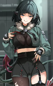 1girl animal_ears belt black_gloves black_hair black_shirt black_shorts blue_eyes breasts brown_pantyhose fingerless_gloves fur_trimmed_jacket fur_trim gloves green_jacket high_waist_shorts jacket large_breasts long_hair long_sleeves looking_at_viewer mouse_ears mouse_girl mouse_tail necktie pantyhose shirt shorts single_leg_pantyhose smile solo tail thighhighs thighs uuroncha zenless_zone_zero jane_doe__zenless_zone_zero