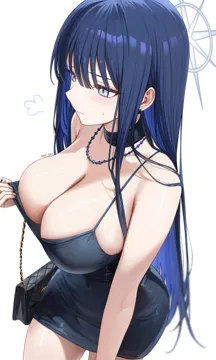 1girl abpart alternate_costume artist_name bag bare_arms bare_shoulders black_bag black_nails blue_archive blue_choker blue_dress blue_eyes blue_hair blue_halo blush breasts choker cleavage closed_mouth clothes_pull colored_inner_hair covered_navel cowboy_shot dress dress_pull elbow_carry from_above halo handbag holding holding_bag jewelry large_breasts long_hair multicolored_hair nail_polish necklace pulling_own_clothes saori__blue_archive short_dress simple_background solo thighs very_long_hair white_background