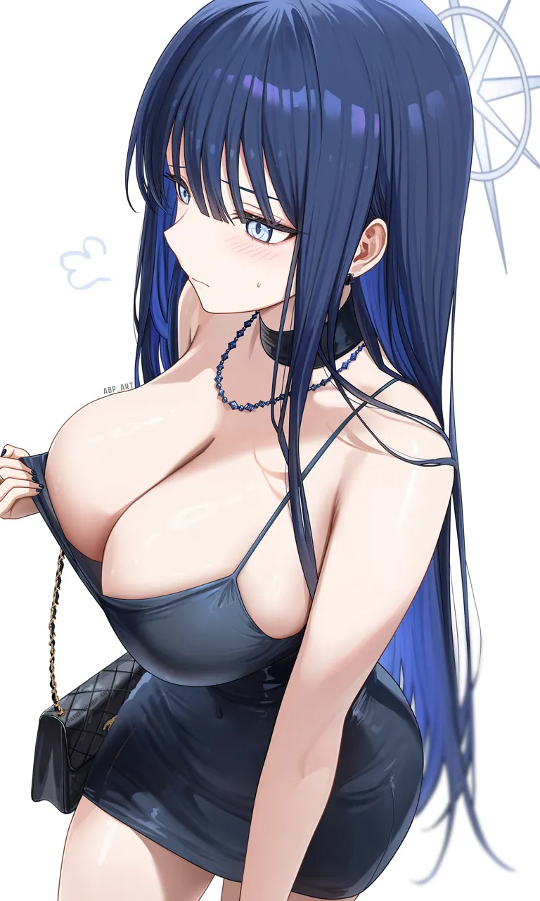 1girl abpart alternate_costume artist_name bag bare_arms bare_shoulders black_bag black_nails blue_archive blue_choker blue_dress blue_eyes blue_hair blue_halo blush breasts choker cleavage closed_mouth clothes_pull colored_inner_hair covered_navel cowboy_shot dress dress_pull elbow_carry from_above halo handbag holding holding_bag jewelry large_breasts long_hair multicolored_hair nail_polish necklace pulling_own_clothes saori__blue_archive short_dress simple_background solo thighs very_long_hair white_background