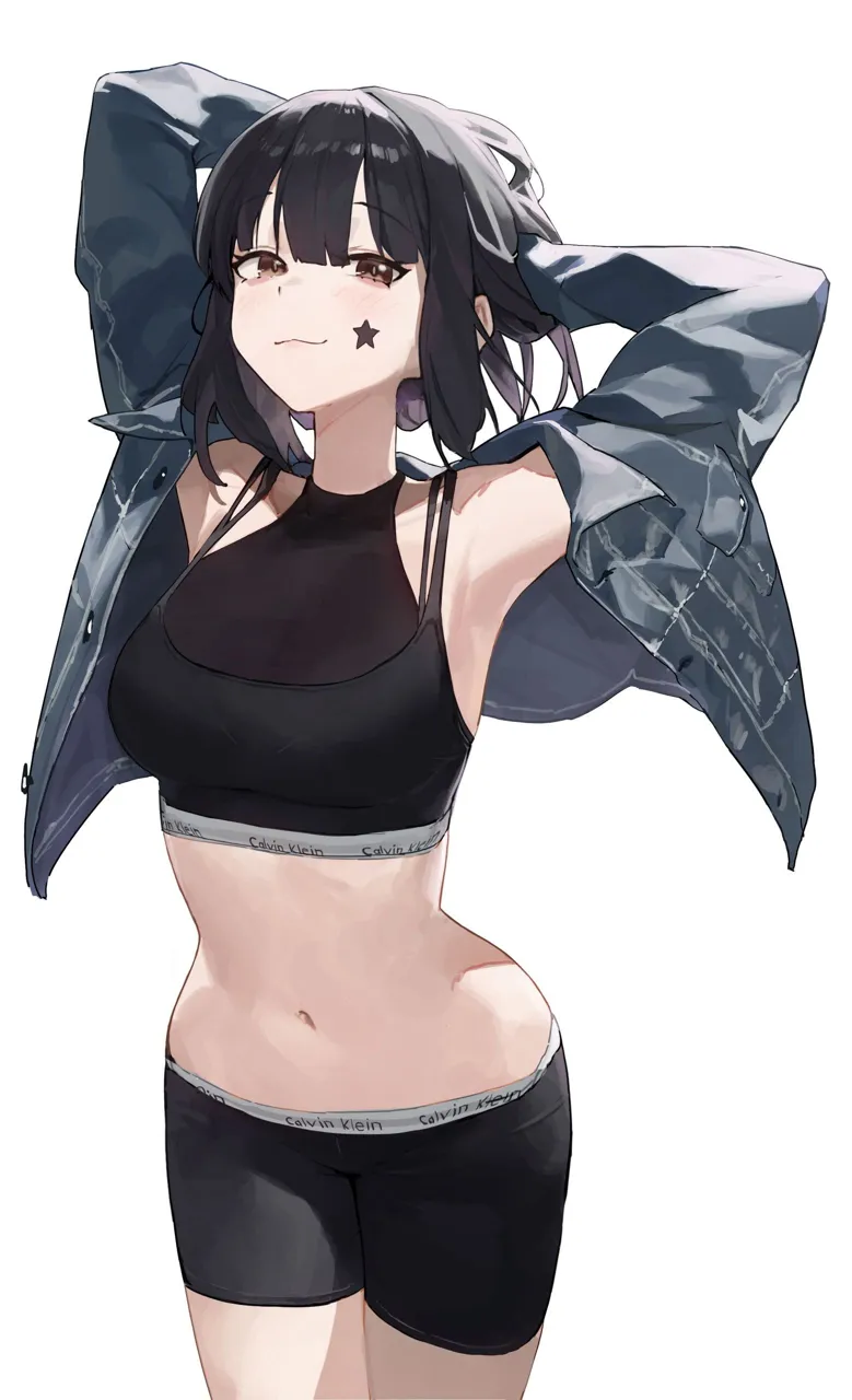 1girl armpits arms_behind_head arms_up bare_shoulders bike_shorts black_hair black_shirt black_shorts bob_cut bra_strap breasts brown_eyes calvin_klein camisole closed_mouth clothes_writing cowboy_shot crop_top grey_jacket jacket long_sleeves looking_at_viewer medium_breasts medium_hair midriff navel off_shoulder open_clothes open_jacket shirt short_shorts shorts sidelocks simple_background sleeveless sleeveless_shirt smile solo spaghetti_strap star_symbol stomach undershirt underwear_writing white_background mac_star