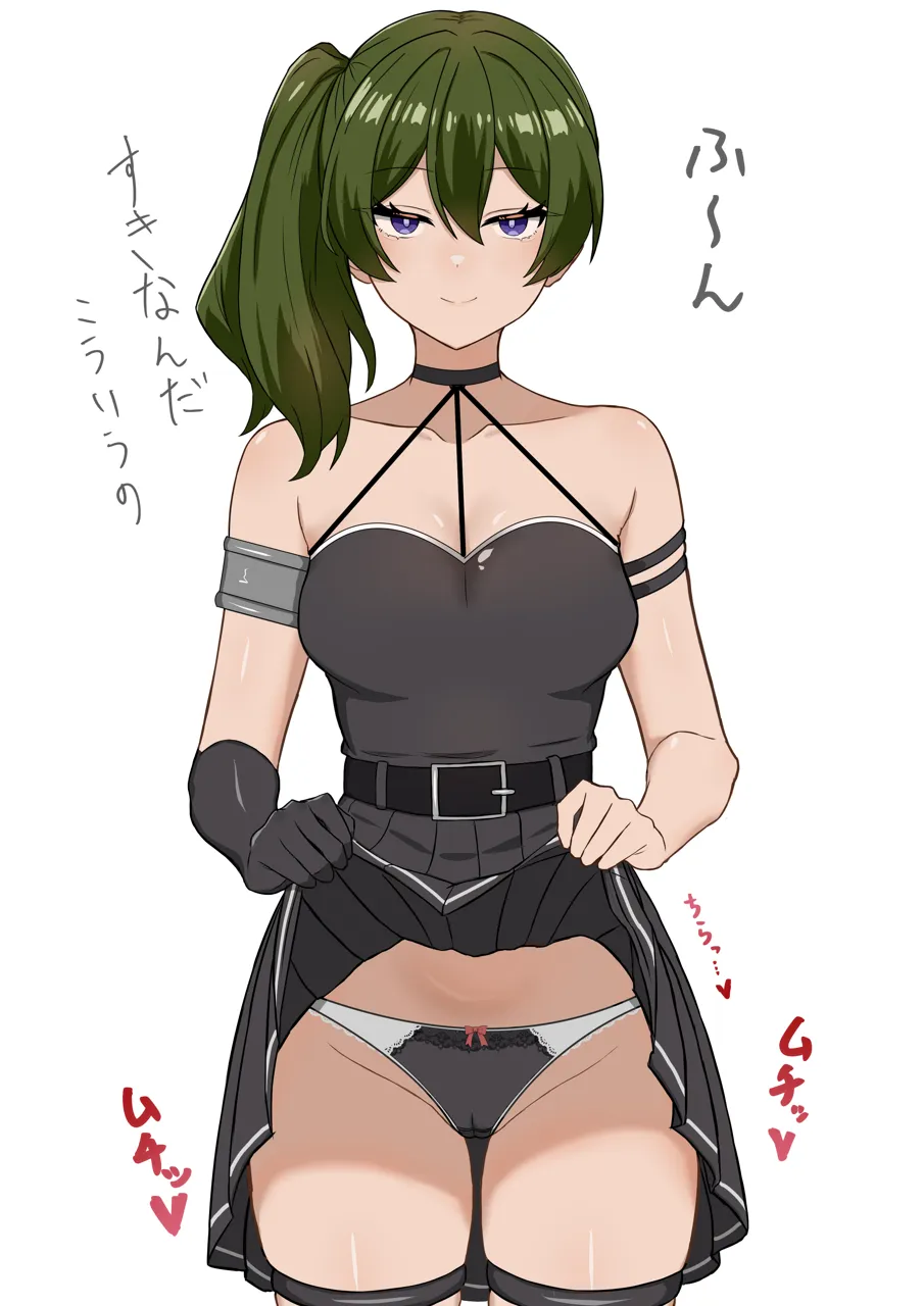 1girl bare_shoulders belt black_belt black_choker black_gloves black_panties black_shirt black_skirt breasts cameltoe choker closed_mouth clothes_lift collarbone cowboy_shot gloves green_hair groin high_side_ponytail lifting_own_clothes looking_at_viewer panties pleated_skirt purple_eyes shirt simple_background single_glove skirt skirt_lift smile solo strapless thighs tube_top underwear white_background mifi sousou_no_frieren ubel__sousou_no_frieren