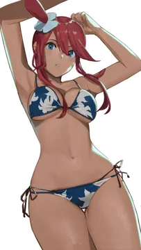 1girl armpits arms_up bikini blue_bikini blue_eyes breasts cleavage hair_ornament halterneck j_ck large_breasts looking_at_viewer navel one_side_up pokemon pokemon_bw print_bikini red_hair side_tie_bikini_bottom simple_background skyla__pokemon solo stomach string_bikini swimsuit tan thigh_gap white_background