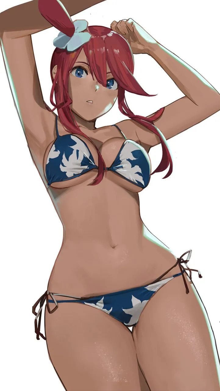 1girl armpits arms_up bikini blue_bikini blue_eyes breasts cleavage hair_ornament halterneck j_ck large_breasts looking_at_viewer navel one_side_up pokemon pokemon_bw print_bikini red_hair side_tie_bikini_bottom simple_background skyla__pokemon solo stomach string_bikini swimsuit tan thigh_gap white_background