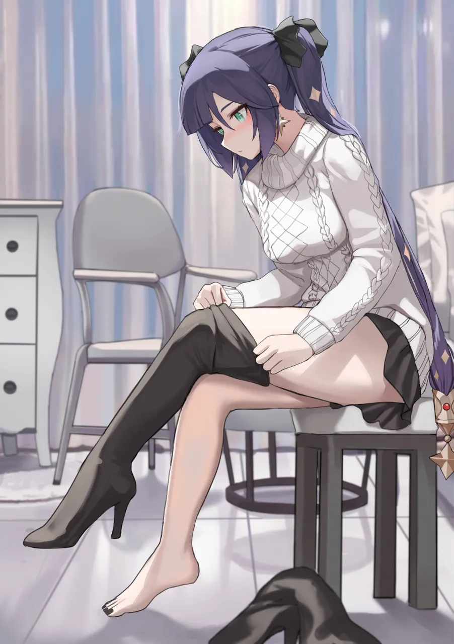 1girl alternate_costume aran_sweater barefoot black_boots black_hair black_nails black_skirt blush boots bow breasts cable_knit chair chest_of_drawers crossed_legs curtains dolri earrings feet from_side genshin_impact green_eyes hair_bow hair_ornament high_heel_boots high_heels indoors jewelry legs long_hair looking_down medium_breasts miniskirt mona__genshin_impact nail_polish on_stool purple_hair putting_on_footwear single_bare_leg single_thigh_boot sitting skirt solo star__symbol star_earrings stool sweater thigh_boots thighhighs_pull thighs tile_floor tiles toenail_polish toenails toes twintails unworn_boots very_long_hair white_sweater