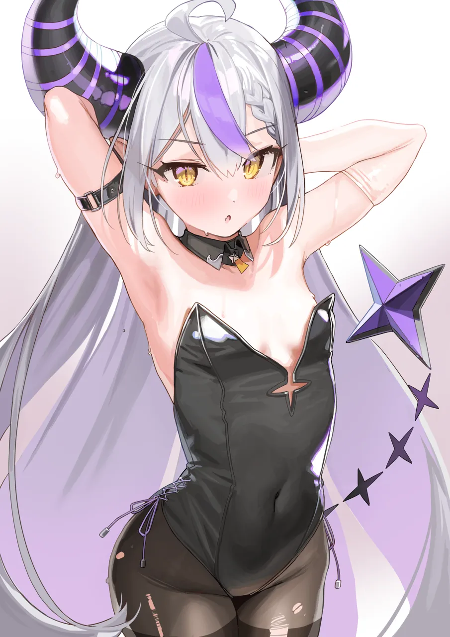 1girl arm_up armpits arms_up bare_shoulders black_leotard black_pantyhose blush breasts covered_navel detached_collar grey_hair highleg highleg_leotard hololive horns kanzarin la__darknesss leotard long_hair looking_at_viewer multicolored_hair open_mouth pantyhose playboy_bunny purple_eyes small_breasts solo streaked_hair striped_horns virtual_youtuber yellow_eyes