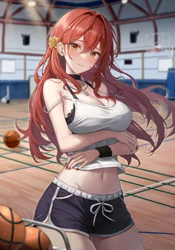 1girl alternate_costume ball basketball__object basketball_court basketball_hoop black_bra black_choker black_shorts bra breasts choker cleavage cowboy_shot crop_top embarrassed flower golden_rose hair_flower hair_intakes hair_ornament himeko__honkai__star_rail honkai__series honkai__star_rail indoors jewelry light_particles long_hair mookyuu9 navel necklace red_hair red_nails shorts solo strap_slip tank_top tearing_up underwear white_tank_top wristband yellow_eyes