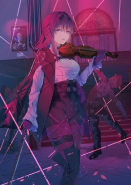 1girl black_boots black_jacket boots chest_harness collared_shirt drawing__object eyewear_on_head falling_petals fence floor gloves hair_between_eyes harness high_waist_shorts holding holding_instrument holding_violin indoors instrument jacket jewelry long_hair long_sleeves looking_at_viewer multiple_rings open_mouth pantyhose pantyhose_under_shorts petals purple_tinted_eyewear purple_eyes purple_gloves purple_pantyhose ring round_eyewear shirt shorts sidelocks single_thigh_boot smile solo stairs standing sunglasses thigh_boots tinted_eyewear violin wall white_shirt maria_onnette honkai__star_rail honkai__series kafka__honkai__star_rail stelle__honkai__star_rail trailblazer__honkai__star_rail