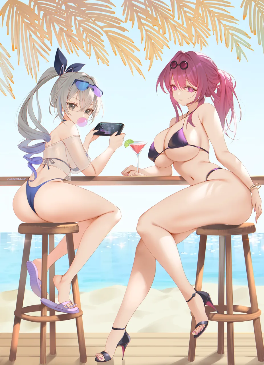 2girls alternate_costume ass beach bikini black_footwear blue_sky bracelet breasts bubble cellphone chewing_gum cocktail_glass cup day drinking_glass eyewear_on_head grey_eyes grey_hair holding holding_phone honkai__series honkai__star_rail jewelry kafka__honkai__star_rail large_breasts long_hair medium_breasts multiple_girls navel phone ponytail purple_eyes purple_hair sandals sideboob silver_wolf__honkai__star_rail sitting sky smartphone stool strappy_heels swimsuit thighs toeless_footwear underboob zzo__chorizzzzo