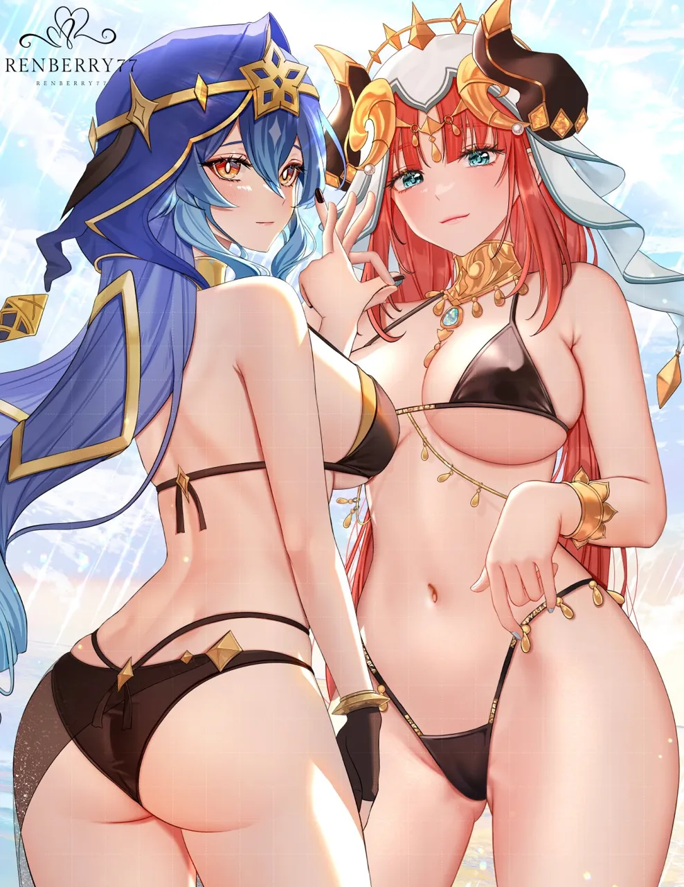 2girls artist_logo artist_name ass back bare_shoulders bikini black_bikini black_nails blue_hair blue_veil blush bracelet breasts brooch cameltoe circlet closed_mouth cloud cowboy_shot day fake_horns finger_gun from_behind genshin_impact gloves highleg highleg_bikini horns jewelry large_breasts layla__genshin_impact logo long_hair looking_at_viewer median_furrow multiple_girls navel neck_ring nilou__genshin_impact ocean ok_sign outdoors red_hair renberry single_glove sky smile stomach swimsuit veil water wet yellow_eyes
