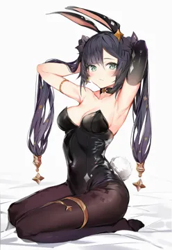 1girl animal_ears armpits arms_up bed_sheet black_hair black_leotard blush breasts brown_pantyhose cleavage covered_navel fake_animal_ears fake_tail full_body genshin_impact green_eyes grey_background hair_between_eyes hands_in_hair jewelry leotard long_hair looking_at_viewer medium_breasts mona__genshin_impact no_shoes pantyhose playboy_bunny rabbit_ears rabbit_tail seiza silver__chenwen sitting solo strapless strapless_leotard tail thighlet twintails very_long_hair