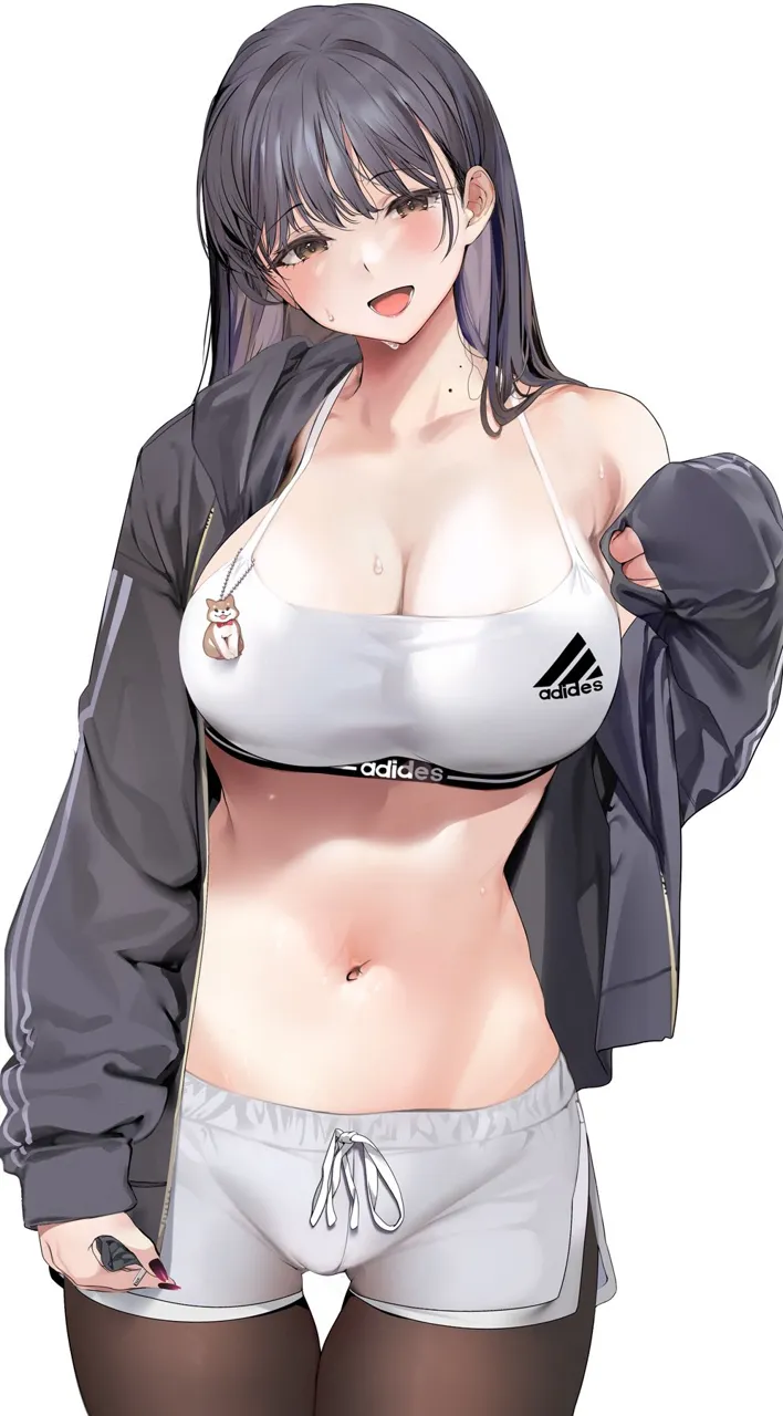 1girl adidas bare_shoulders black_hair black_jacket black_pantyhose boku_no_kokoro_no_yabai_yatsu brand_name_imitation breasts brown_eyes cleavage collarbone dolphin_shorts grey_shorts jacket large_breasts long_hair long_sleeves looking_at_viewer marushin__denwa0214 midriff mole mole_on_neck multiple_moles nail_polish navel off_shoulder open_clothes open_jacket pantyhose parted_lips purple_nails short_shorts shorts simple_background smile solo sports_bra stomach sweat thigh_gap white_background white_sports_bra yamada_anna