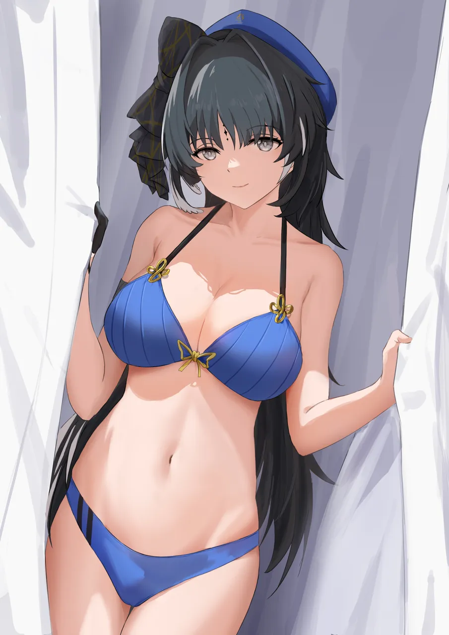 1girl adapted_costume arm_strap bare_shoulders beret black_bow black_eyes black_gloves black_hair blue_bra blue_hat bow bra breasts cleavage collarbone cowboy_shot curtain_grab curtains feather_hair gloves hair_intakes hat hat_bow jinling_ovo large_breasts long_hair looking_at_viewer multicolored_hair navel parted_bangs single_glove smile solo stomach streaked_hair tacet_mark__wuthering_waves underwear underwear_only underwear_reveal_pose__han_0v0 wuthering_waves yangyang__wuthering_waves