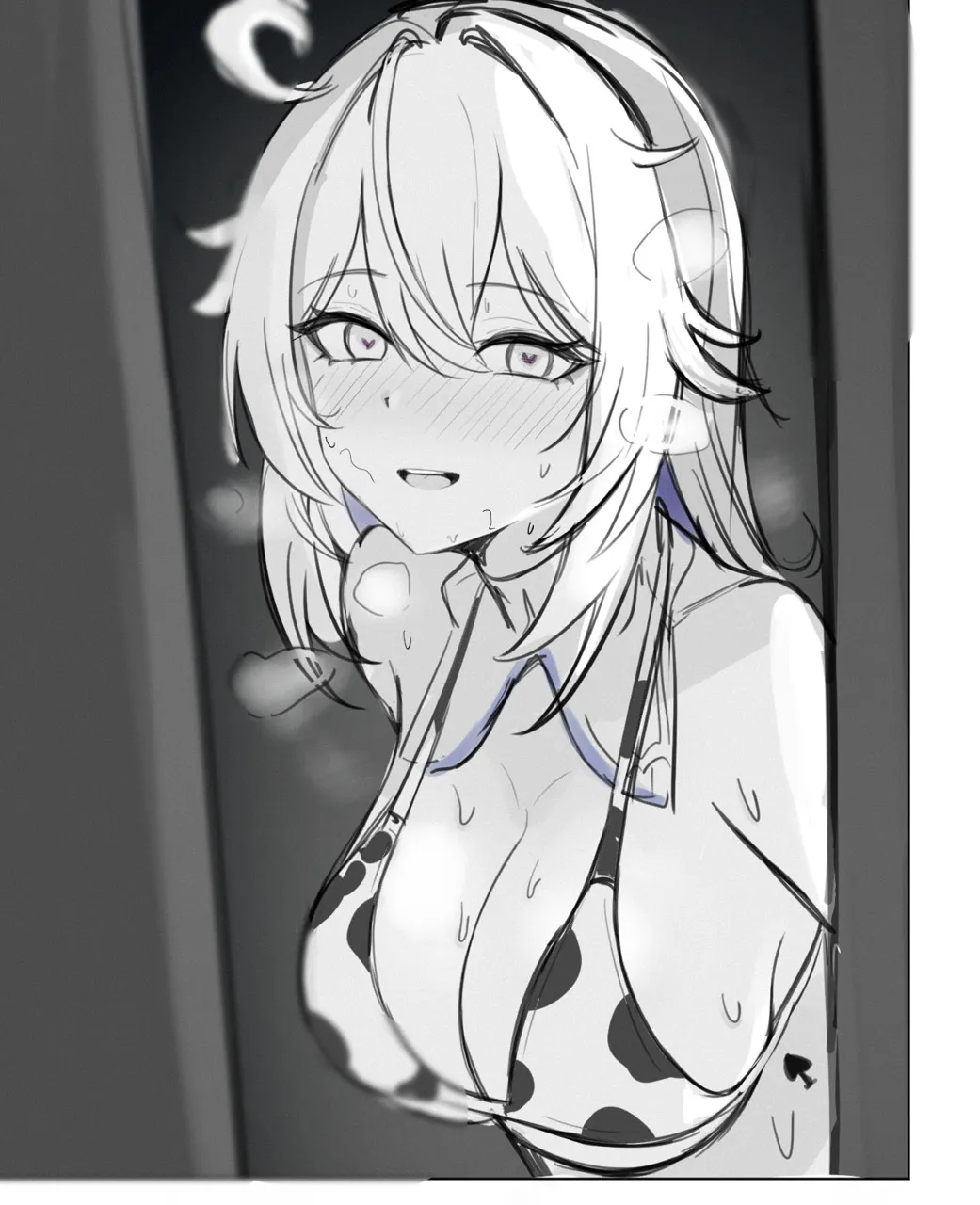 1girl ahoge alternate_costume animal_print bare_shoulders bikini blush breasts cleavage cow_print cow_print_bikini hair_between_eyes long_hair looking_at_viewer monochrome open_mouth print_bikini sketch smile solo spade__shape sweat swimsuit underboob upper_body mini2chainz honkai__series honkai_impact_3rd kiana_kaslana__honkai__series