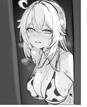 1girl ahoge alternate_costume animal_print bare_shoulders bikini blush breasts cleavage cow_print cow_print_bikini hair_between_eyes long_hair looking_at_viewer monochrome open_mouth print_bikini sketch smile solo spade__shape sweat swimsuit underboob upper_body mini2chainz honkai__series honkai_impact_3rd kiana_kaslana__honkai__series