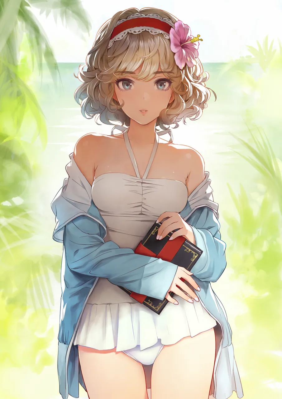 1girl alice_margatroid backlighting bare_shoulders blonde_hair blue_eyes blue_jacket book breasts casual_one_piece_swimsuit collarbone cowboy_shot curly_hair day fingernails flower frilled_hairband frills grimoire_of_alice hair_flower hair_ornament hairband halterneck hibiscus holding holding_book hood hooded_jacket hoodie horizon jacket lolita_hairband long_sleeves looking_at_viewer matsuda__matsukichi nail_polish ocean off_shoulder one_piece_swimsuit open_clothes open_hoodie open_jacket outdoors palm_tree parted_lips short_hair sleeves_past_wrists small_breasts smile solo swept_bangs swimsuit thick_eyebrows thighs tree white_one_piece_swimsuit touhou
