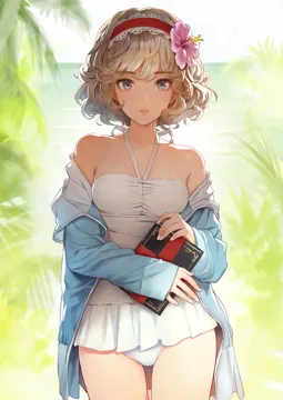 1girl alice_margatroid backlighting bare_shoulders blonde_hair blue_eyes blue_jacket book breasts casual_one_piece_swimsuit collarbone cowboy_shot curly_hair day fingernails flower frilled_hairband frills grimoire_of_alice hair_flower hair_ornament hairband halterneck hibiscus holding holding_book hood hooded_jacket hoodie horizon jacket lolita_hairband long_sleeves looking_at_viewer matsuda__matsukichi nail_polish ocean off_shoulder one_piece_swimsuit open_clothes open_hoodie open_jacket outdoors palm_tree parted_lips short_hair sleeves_past_wrists small_breasts smile solo swept_bangs swimsuit thick_eyebrows thighs tree white_one_piece_swimsuit touhou