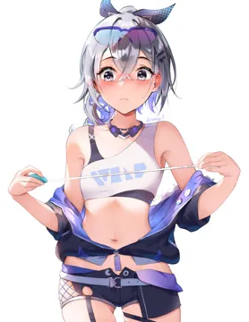 1girl ass_visible_through_thighs black_jacket black_shorts blush breasts crop_top crossed_bangs drill_hair drill_ponytail ear_blush eyewear_on_head goggles goggles_on_head grey_eyes grey_hair hair_between_eyes holding honkai__series honkai__star_rail jacket long_hair navel nose_blush ponytail purple_tinted_eyewear shirt shorts silver_wolf__honkai__star_rail single_drill small_breasts solo stomach tape_measure thigh_strap tinted_eyewear twitter_username vincent_leo white_shirt