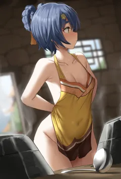 1girl apron bare_shoulders blue_hair blush braid braided_hair_rings breasts closed_mouth collarbone cooking covered_navel cowboy_shot day doorway genshin_impact groin hair_ornament hair_rings indoors leaning_forward looking_to_the_side naked_apron no_panties paw_hair_ornament profile shengtian short_eyebrows short_hair small_breasts solo soup_ladle steam stone_wall sweat table tying_apron wall window xiangling__genshin_impact yellow_apron yellow_eyes