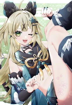 1girl ahoge animal_ears bare_shoulders bell black_choker black_shirt blonde_hair blush cat_ears choker crop_top detached_sleeves green_eyes hair_ornament hairclip jingle_bell leg_warmers long_sleeves looking_at_viewer midriff navel one_eye_closed open_mouth paw_pose shirt smile solo stomach thighs om_rm1101 genshin_impact kirara__genshin_impact