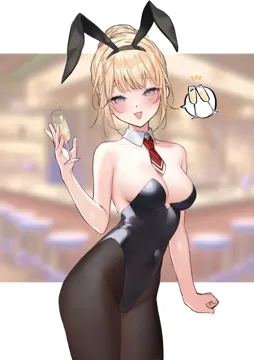 1girl alcohol animal_ears bar__place bare_shoulders black_leotard black_pantyhose blonde_hair blue_eyes blush breasts champagne champagne_flute cleavage covered_navel cup detached_collar drinking_glass fake_animal_ears hair_bun hairband leotard looking_at_viewer medium_hair necktie open_mouth pantyhose playboy_bunny rabbit_ears red_necktie smile solo strapless strapless_leotard virtual_youtuber smilesmile1312 hololive watson_amelia__hololive