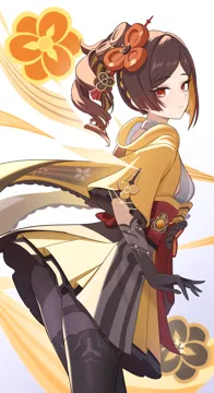 1girl black_gloves black_pantyhose breasts brown_hair closed_mouth flower_hairpin geo_symbol__genshin_impact gloves japanese_clothes kimono long_hair looking_at_viewer medium_breasts orange_eyes orange_kimono pantyhose short_sleeves simple_background solo vision__genshin_impact white_background vec_ka genshin_impact chiori__genshin_impact